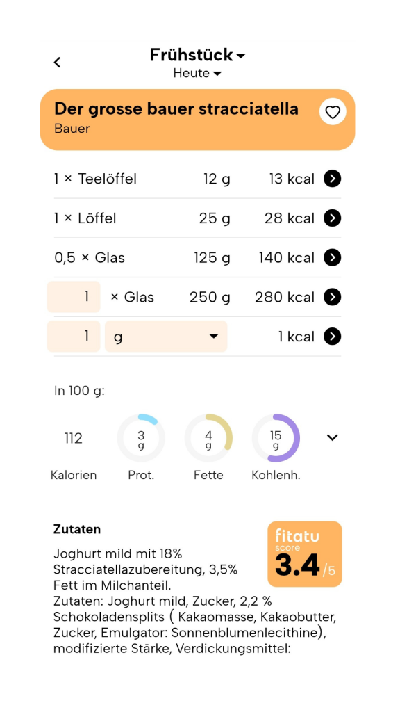 Neue Version von Fitatu produktkarte