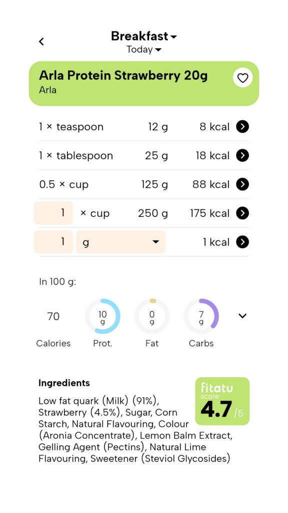 New version of Fitatu - product card