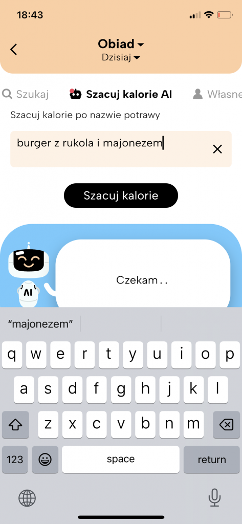 wejdź do zakładki „Szacuj kalorie AI”, którą znajdziesz w wyszukiwarce. 